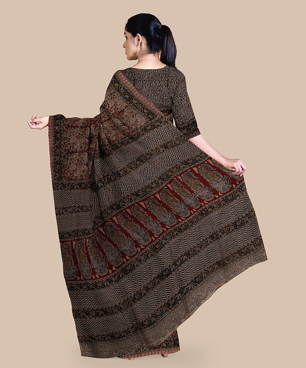 Multicolor maroon printed art silk kalamkari saree