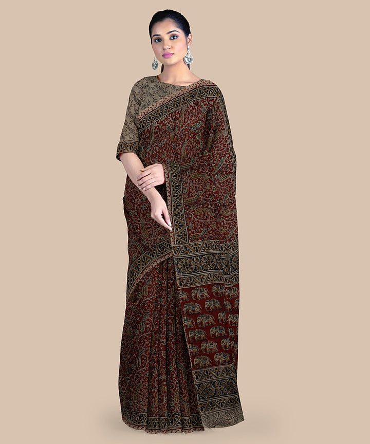 Maroon kalamkari art silk hand printed saree