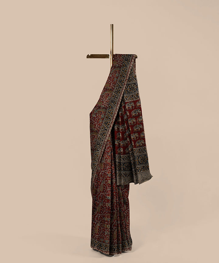 Maroon kalamkari art silk hand printed saree