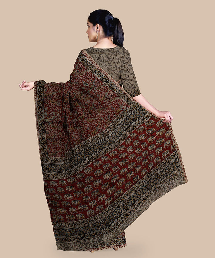 Maroon kalamkari art silk hand printed saree