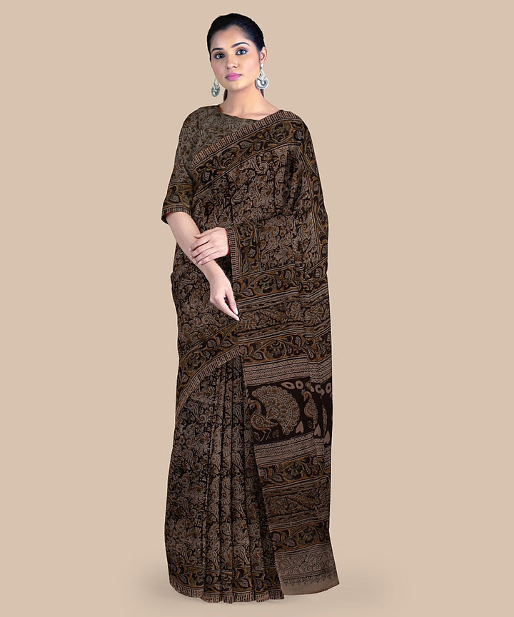 Grey black  art silk hand printed kalamkari saree