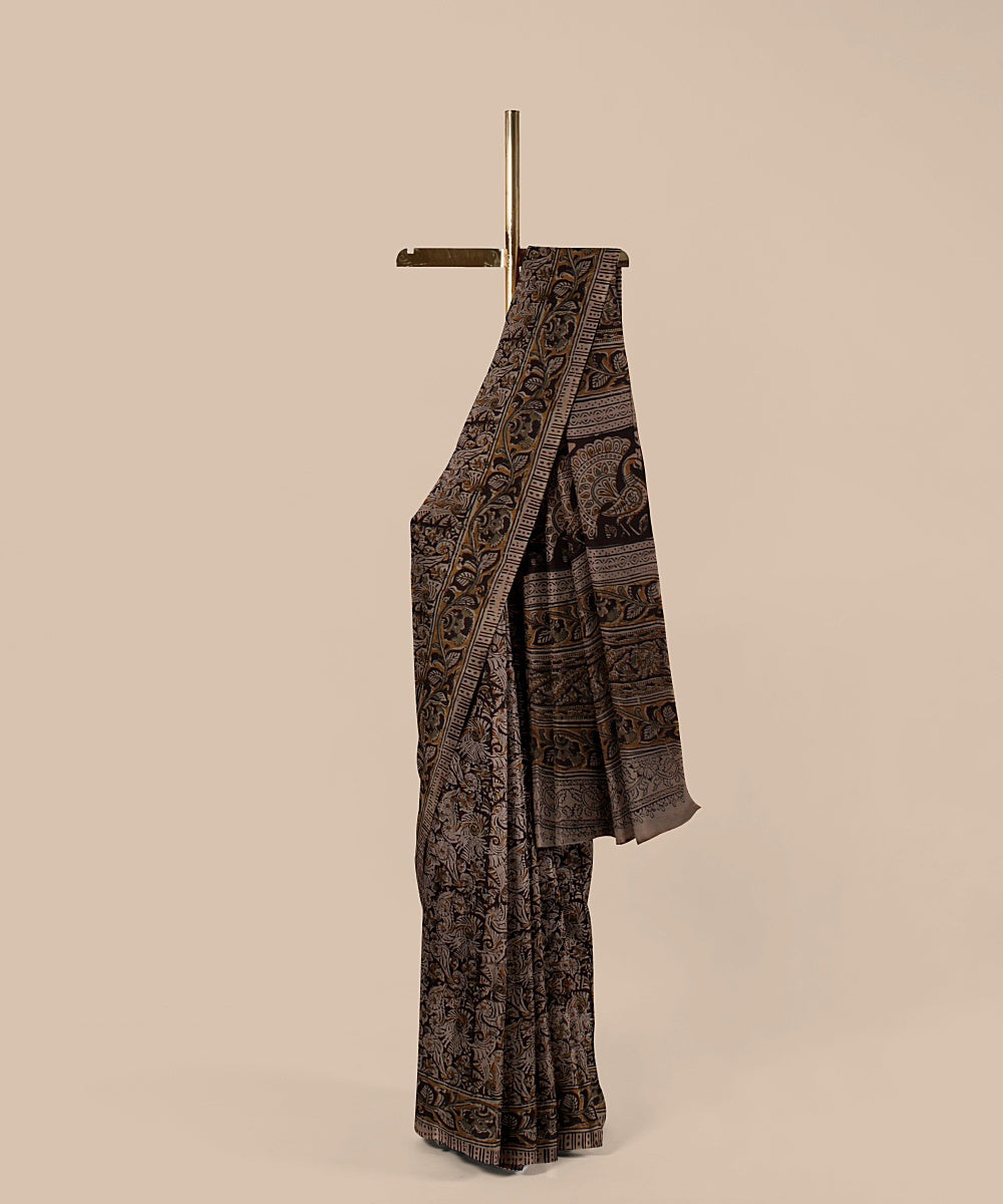 Grey black  art silk hand printed kalamkari saree