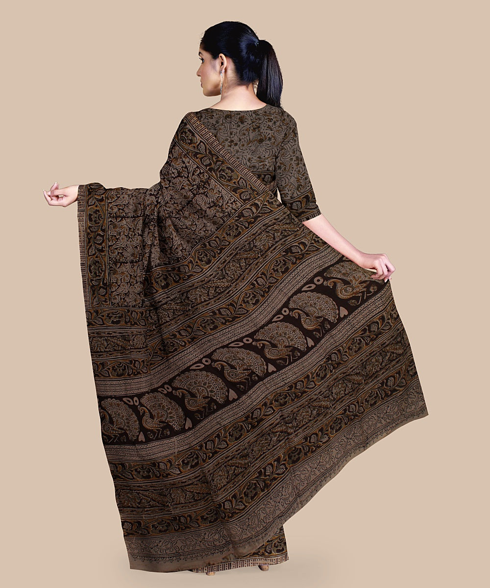 Grey black  art silk hand printed kalamkari saree