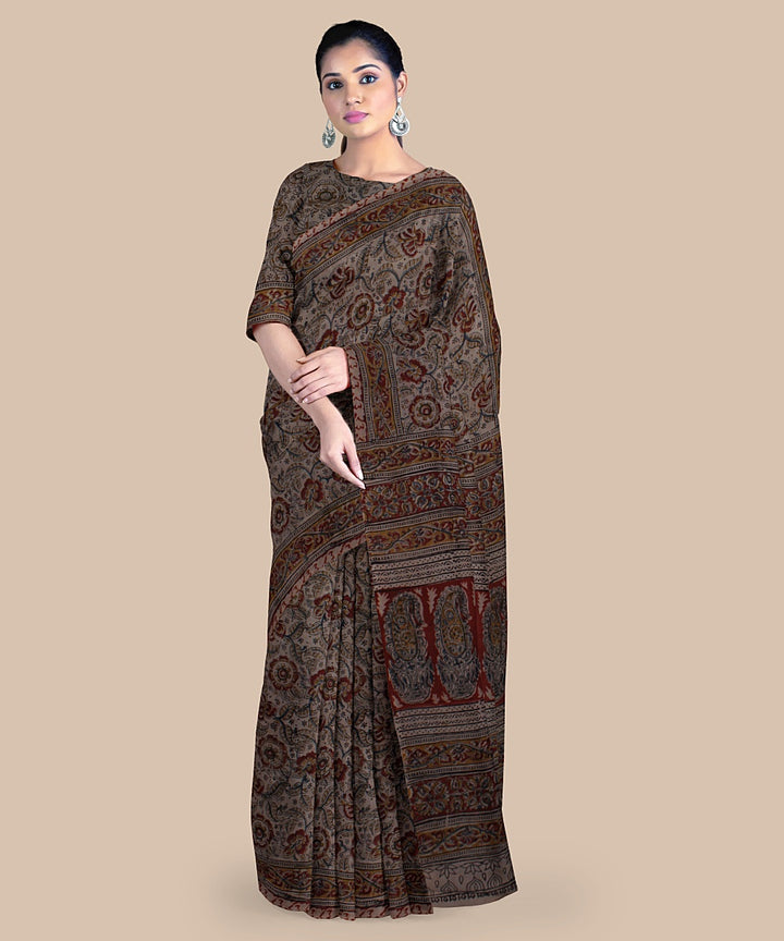 Grey maroon hand printed kalamkari art silk saree