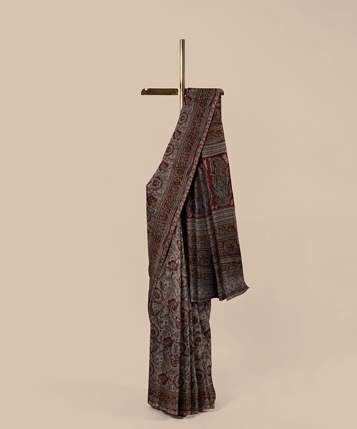 Grey maroon hand printed kalamkari art silk saree