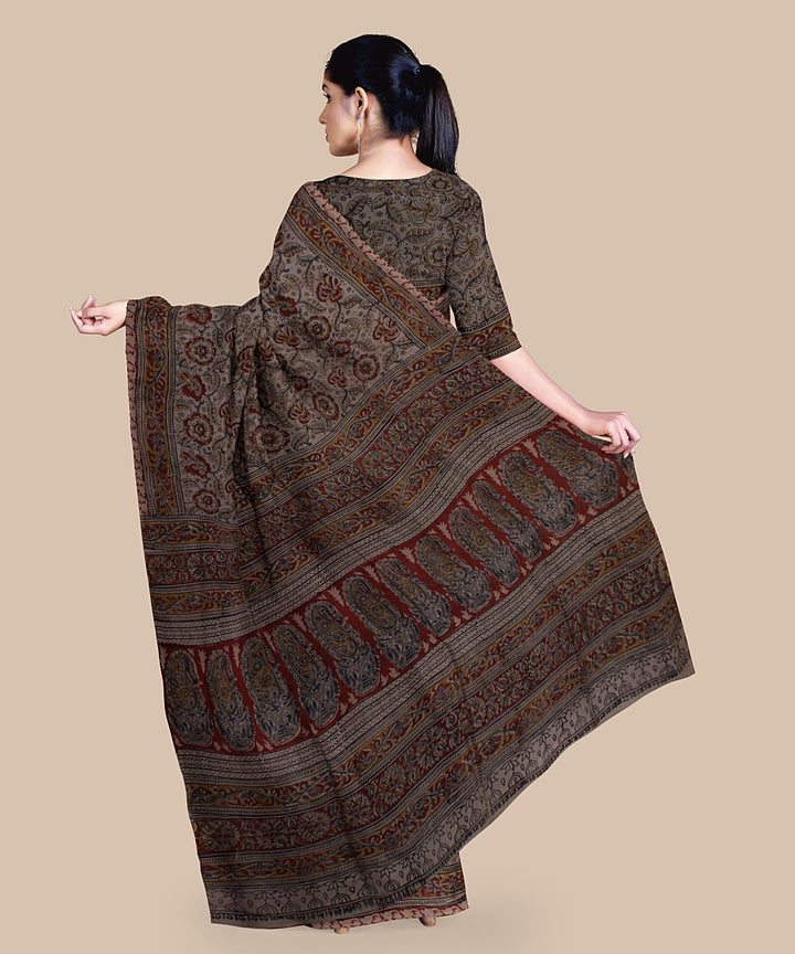 Grey maroon hand printed kalamkari art silk saree