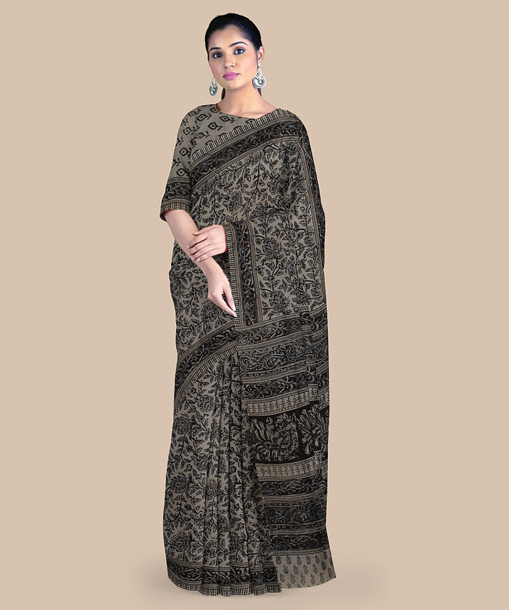 Grey offwhite hand printed kalamkari art silk saree