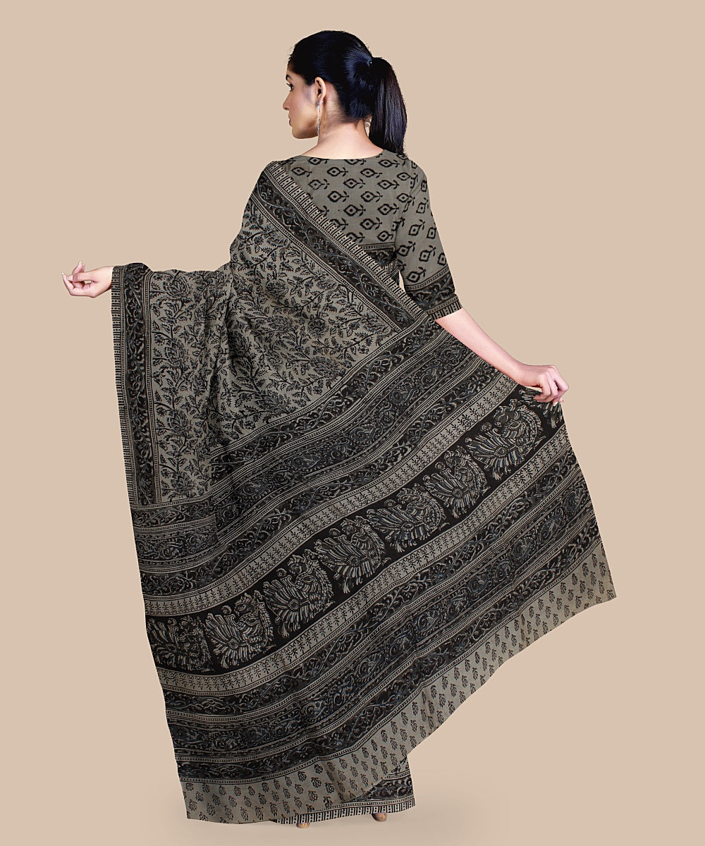 Grey offwhite hand printed kalamkari art silk saree