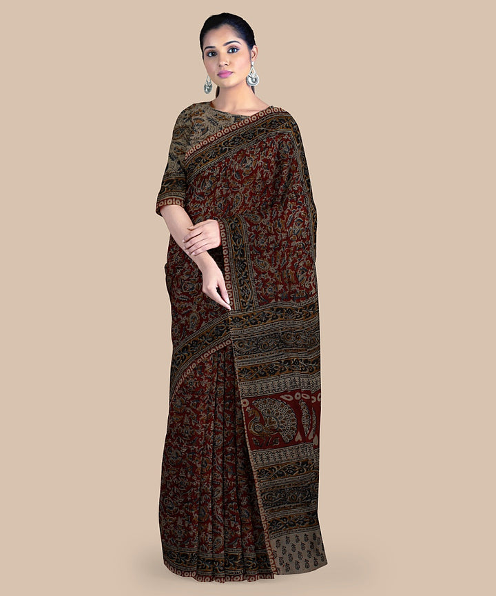 Maroon  hand printed kalamkari art silk saree