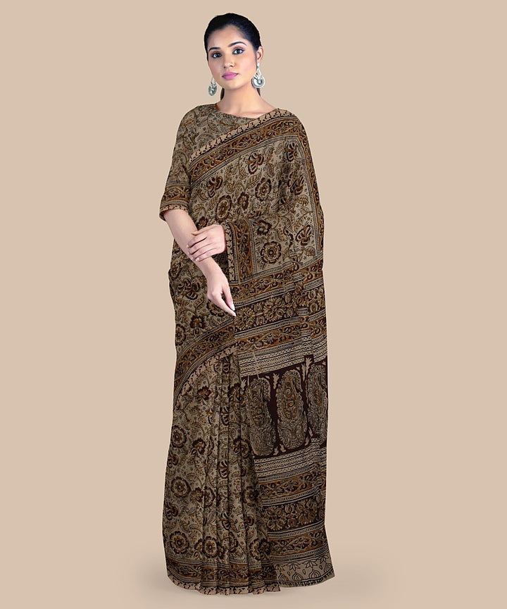 Grey kalamkari art silk hand printed saree