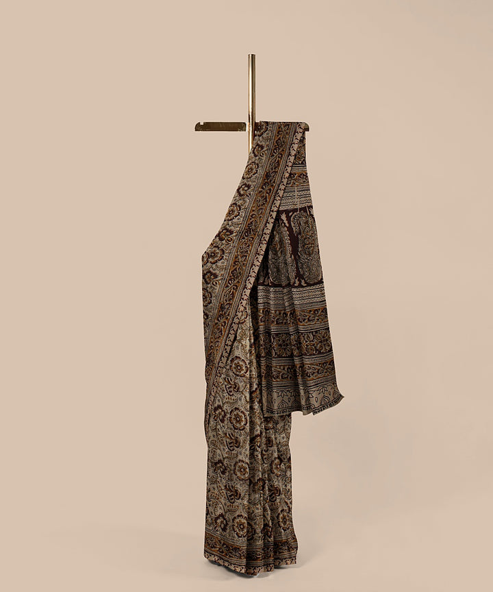 Grey kalamkari art silk hand printed saree