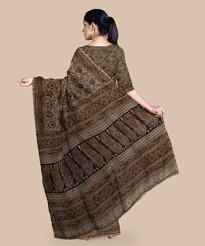 Grey kalamkari art silk hand printed saree