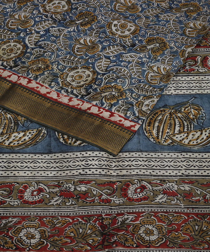 Multicolor blue hand block printed kalamkari silk saree