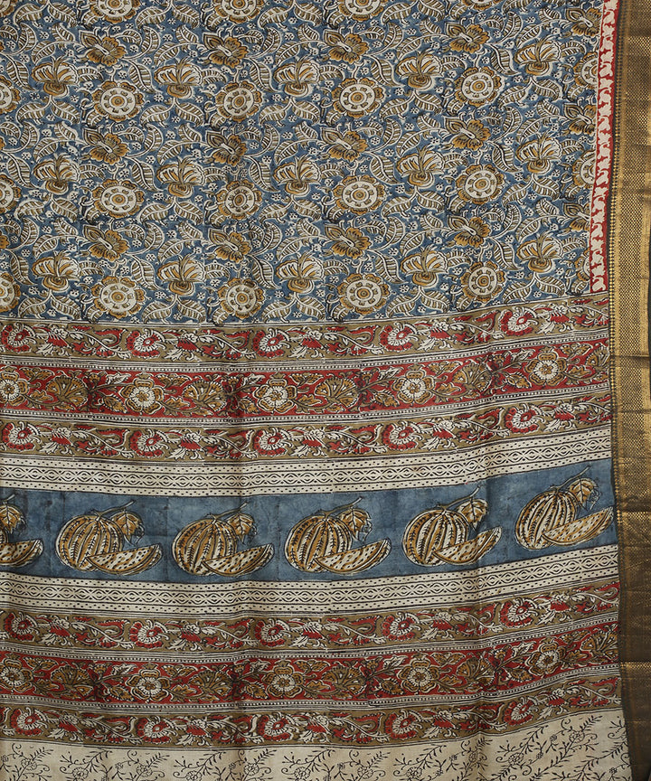 Multicolor blue hand block printed kalamkari silk saree
