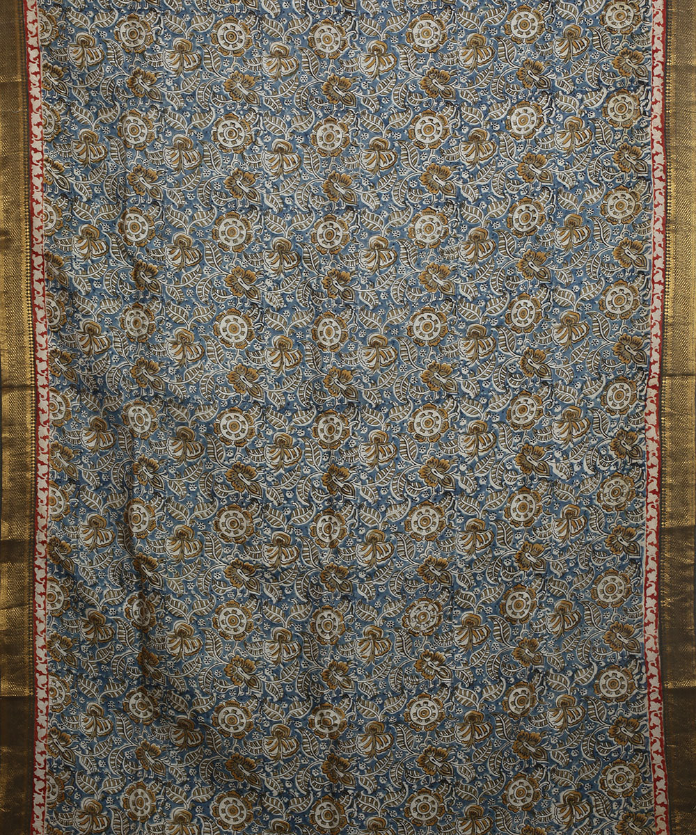 Multicolor blue hand block printed kalamkari silk saree