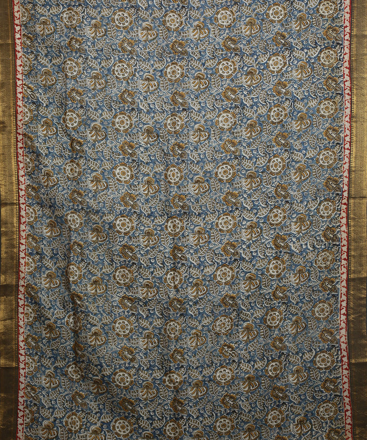 Multicolor blue hand block printed kalamkari silk saree