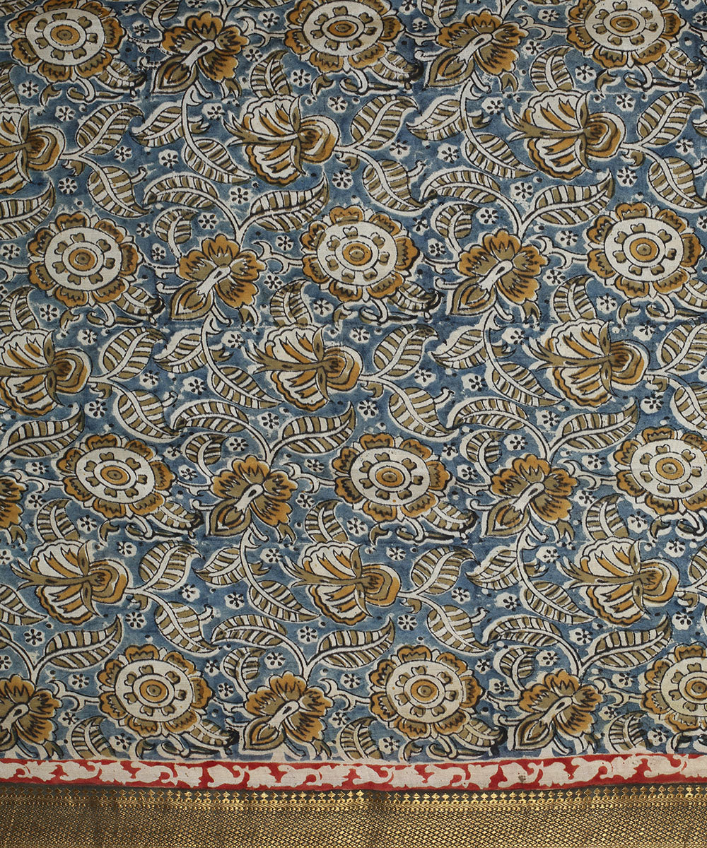Multicolor blue hand block printed kalamkari silk saree