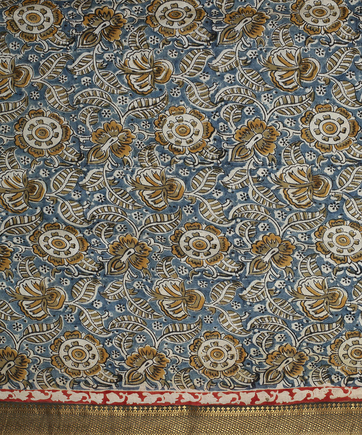 Multicolor blue hand block printed kalamkari silk saree