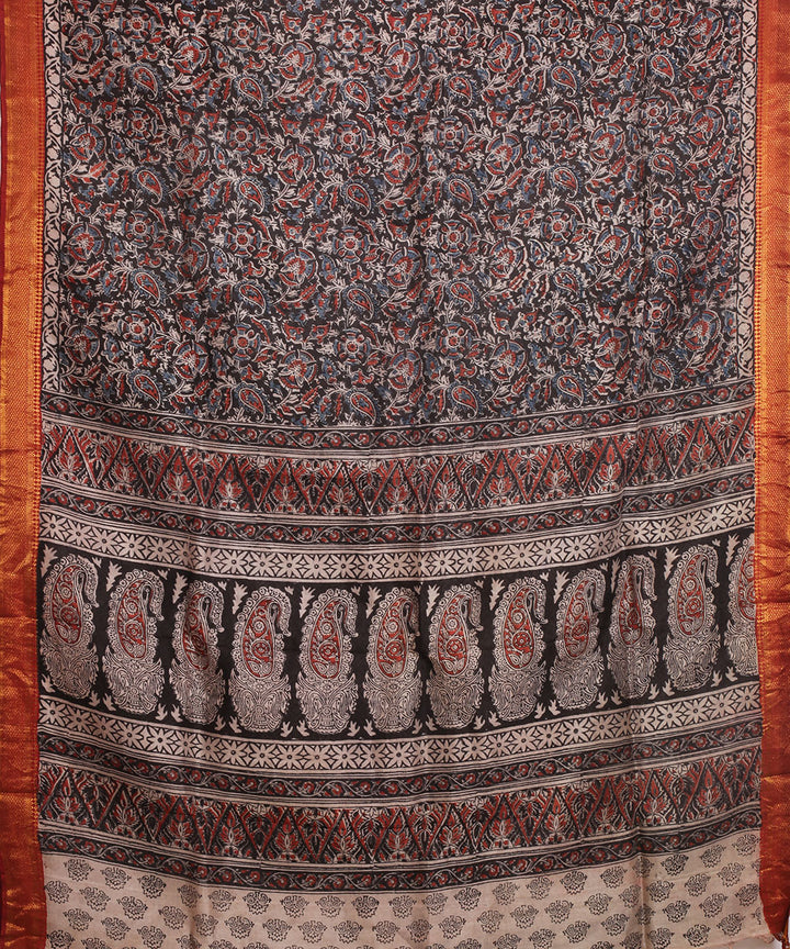 Multicolor silk hand block printed kalamkari saree