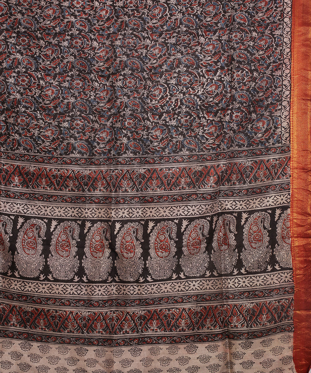 Multicolor silk hand block printed kalamkari saree