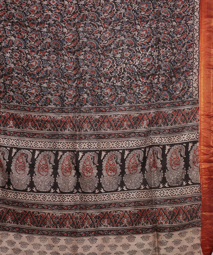 Multicolor silk hand block printed kalamkari saree