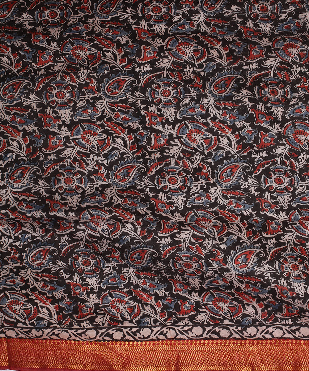 Multicolor silk hand block printed kalamkari saree