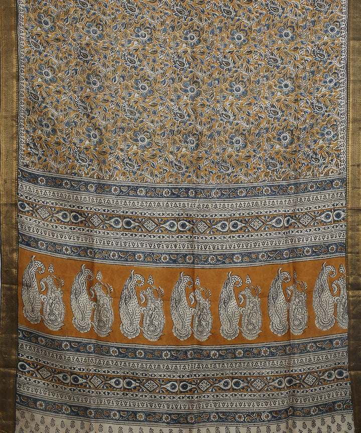 Multicolor hand block print kalamkari silk saree