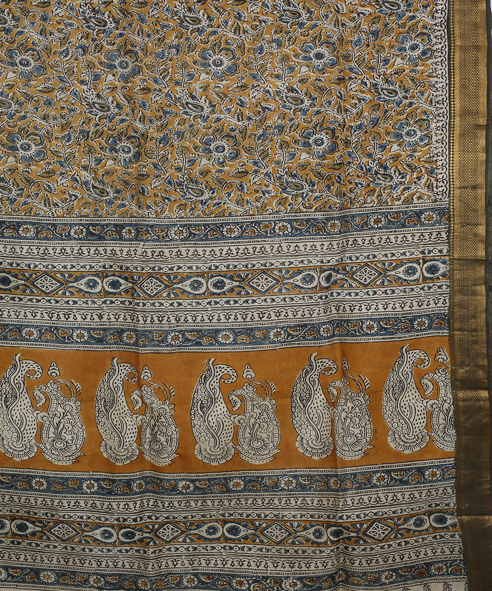 Multicolor hand block print kalamkari silk saree