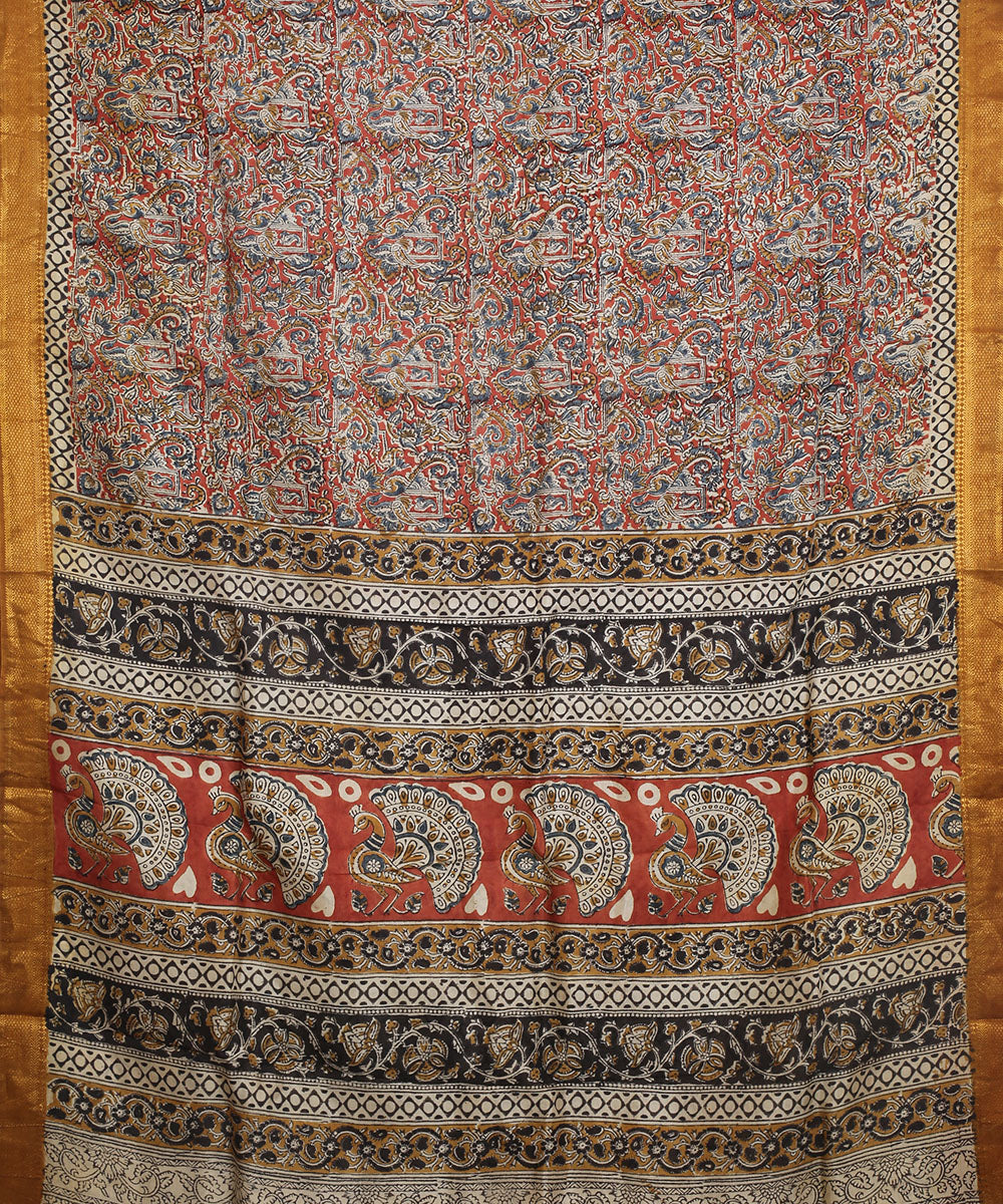 Multicolor hand block printed kalamkari silk saree