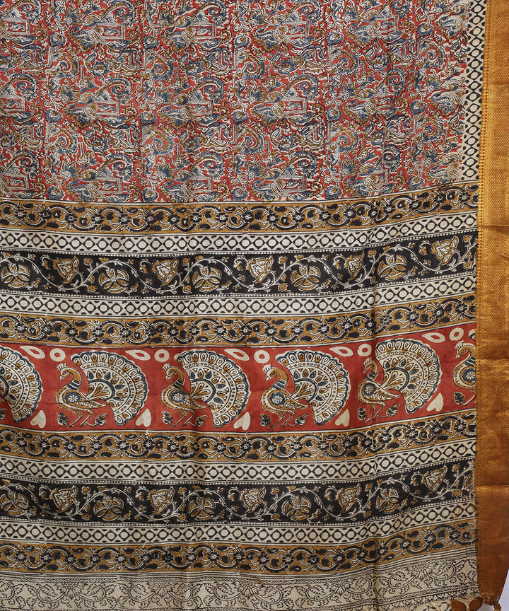 Multicolor hand block printed kalamkari silk saree