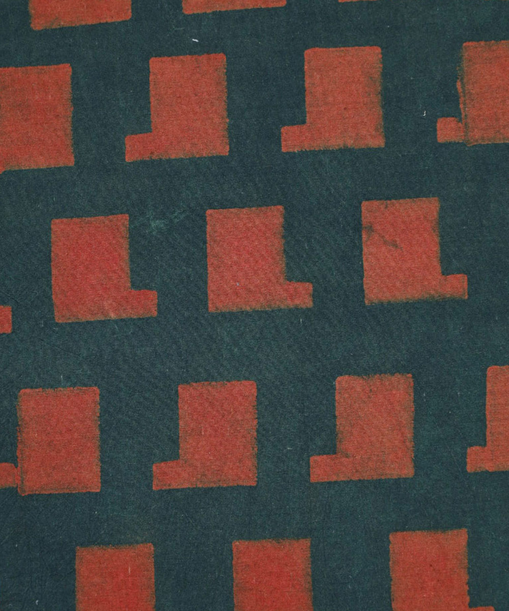 Dark green orange handwoven cotton block print fabric