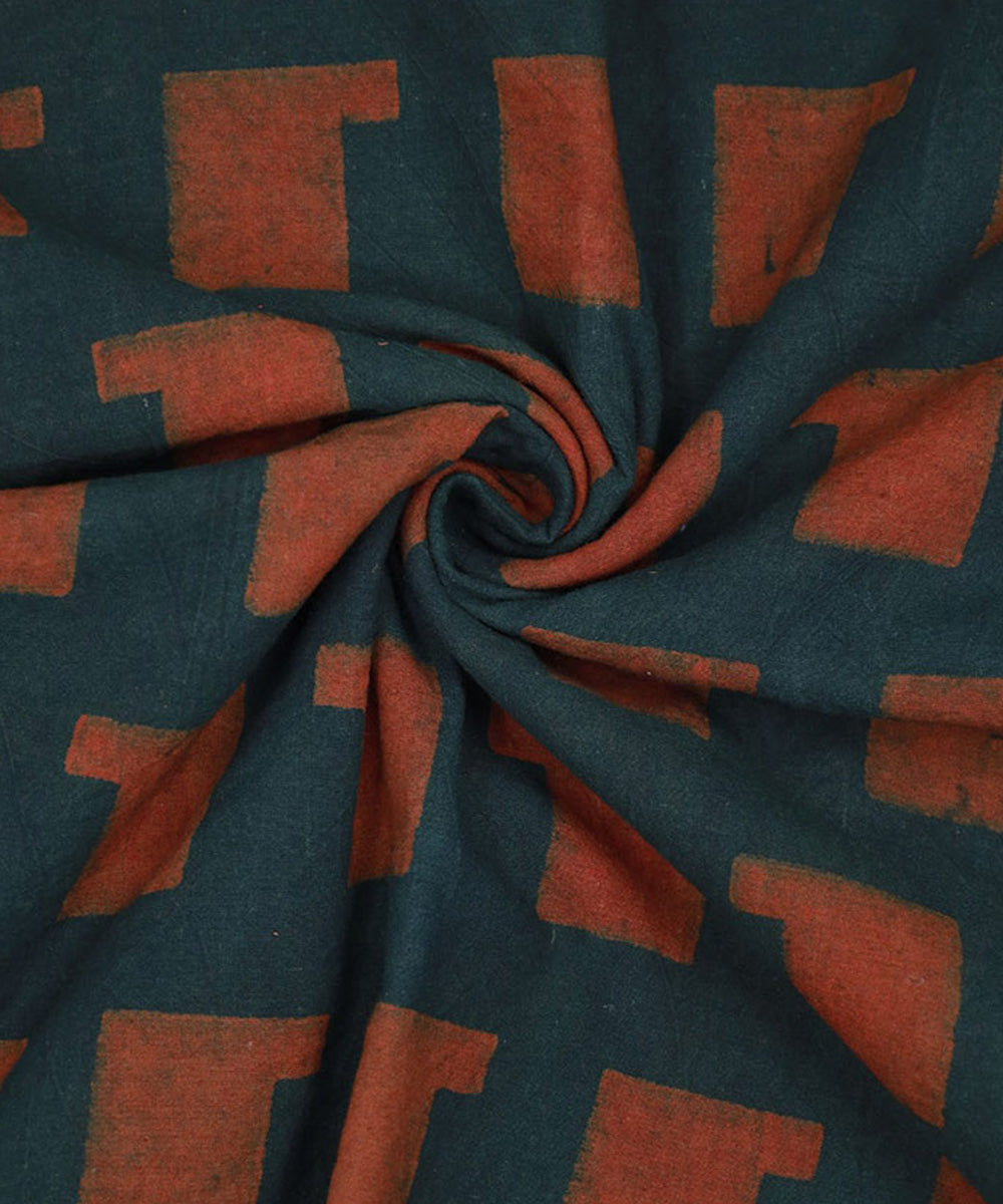 Dark green orange handwoven cotton block print fabric