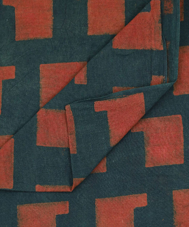 Dark green orange handwoven cotton block print fabric