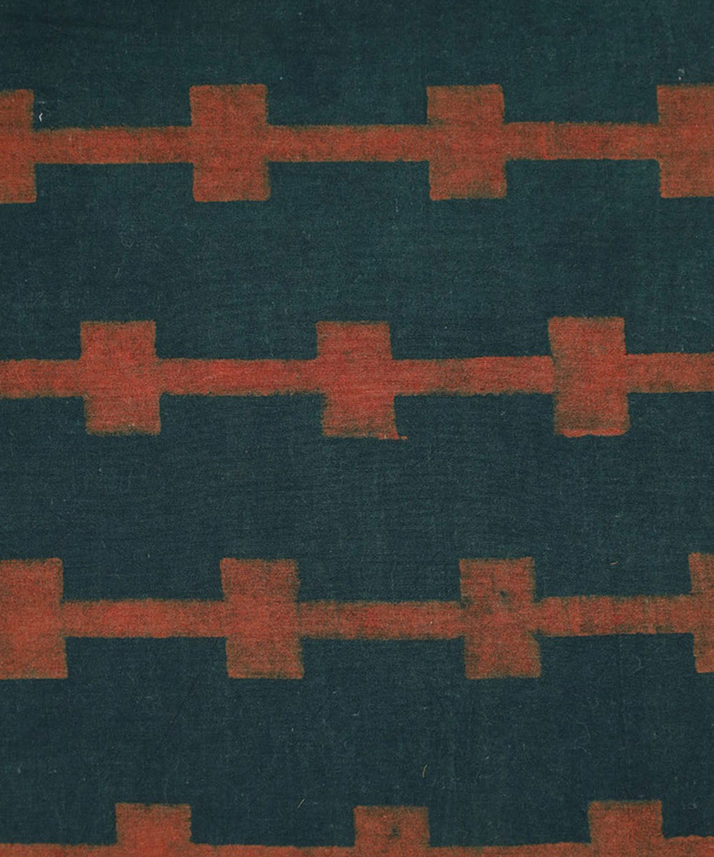 Dark green orenge handwoven cotton block print fabric