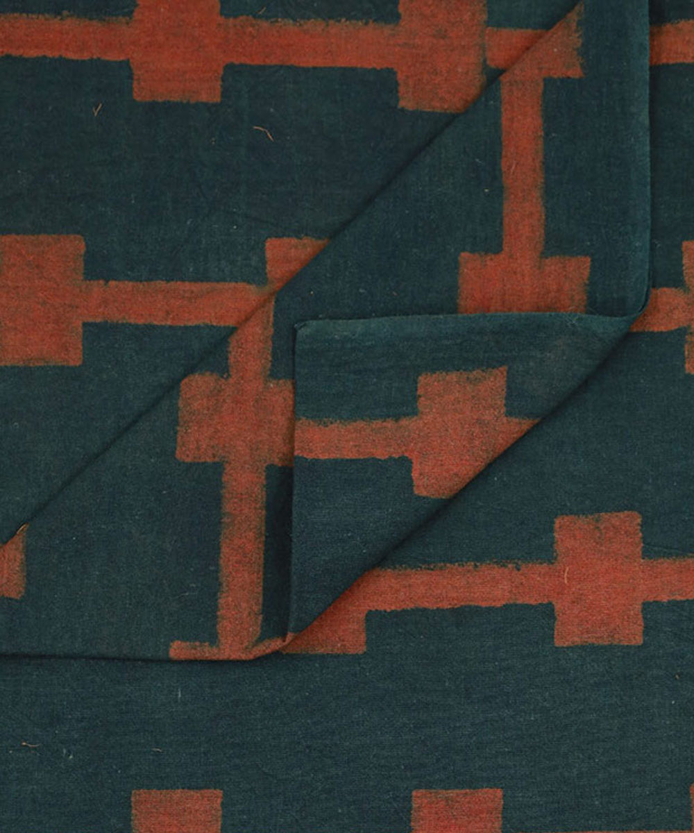 Dark green orenge handwoven cotton block print fabric