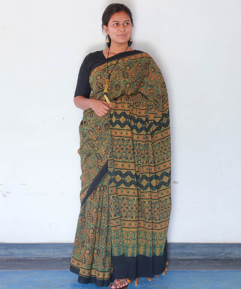 Mustard green cotton block printed ajrakh saree