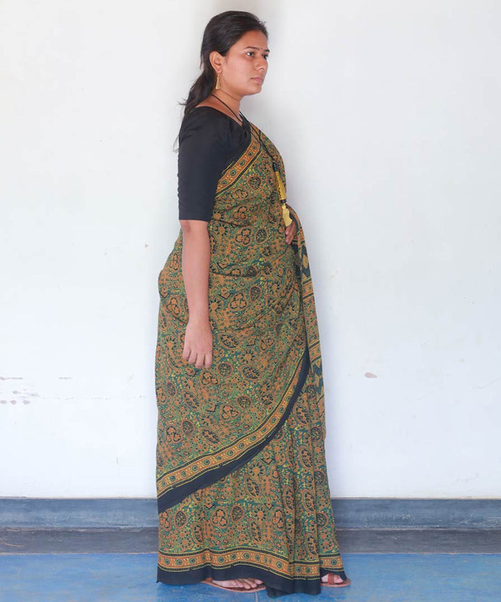 Mustard green cotton block printed ajrakh saree