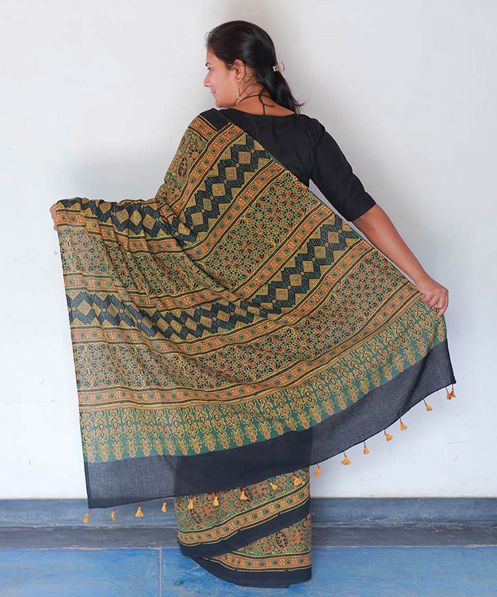 Mustard green cotton block printed ajrakh saree