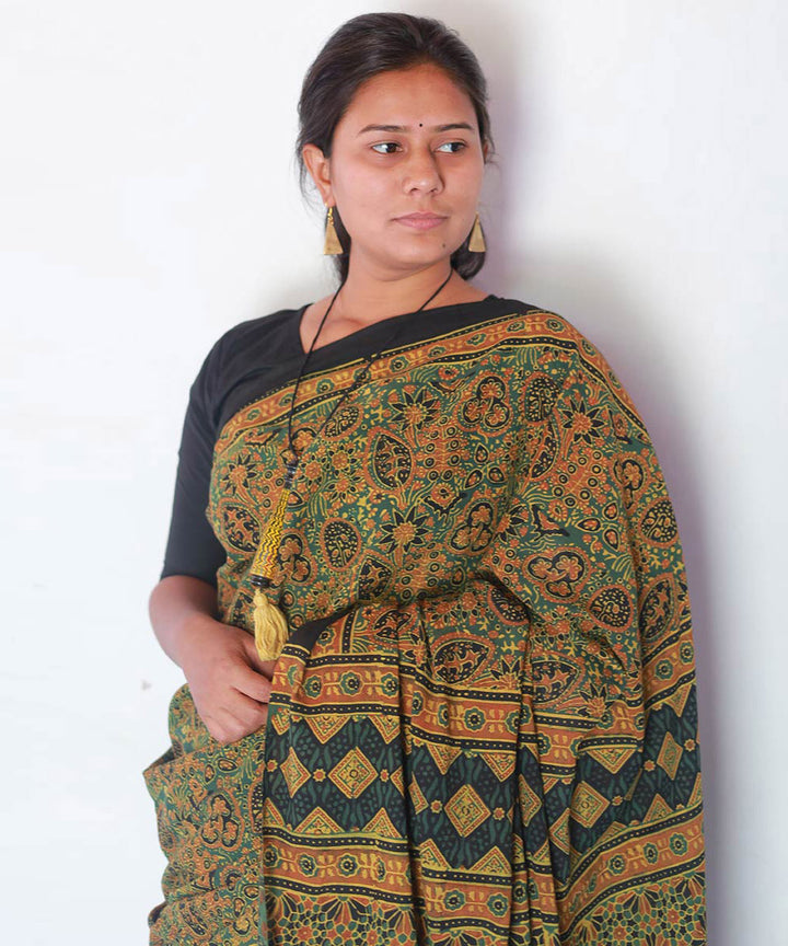 Mustard green cotton block printed ajrakh saree