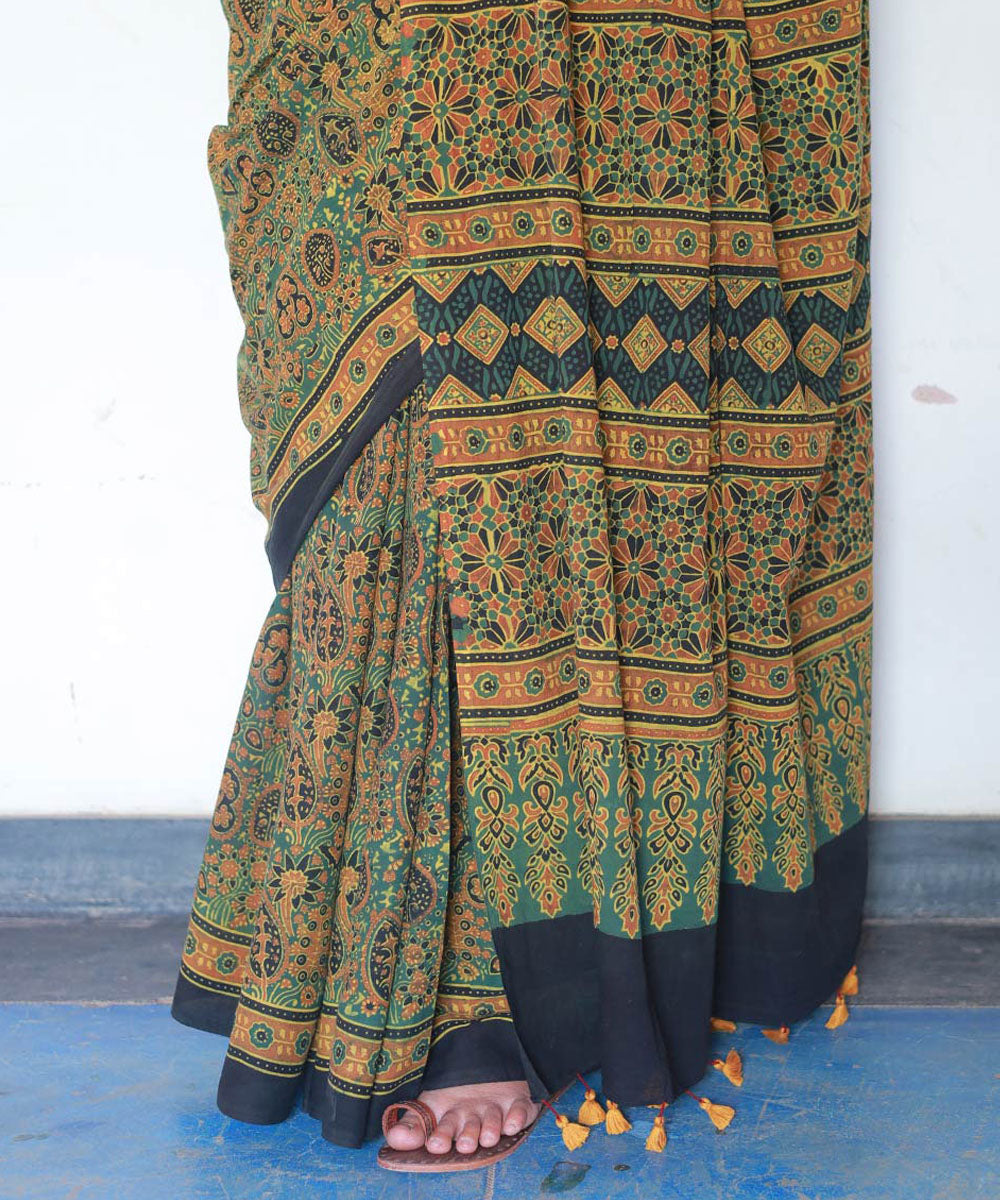 Mustard green cotton block printed ajrakh saree