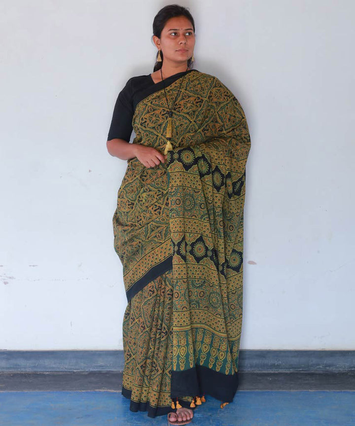 Mustard green cotton block print ajrakh saree