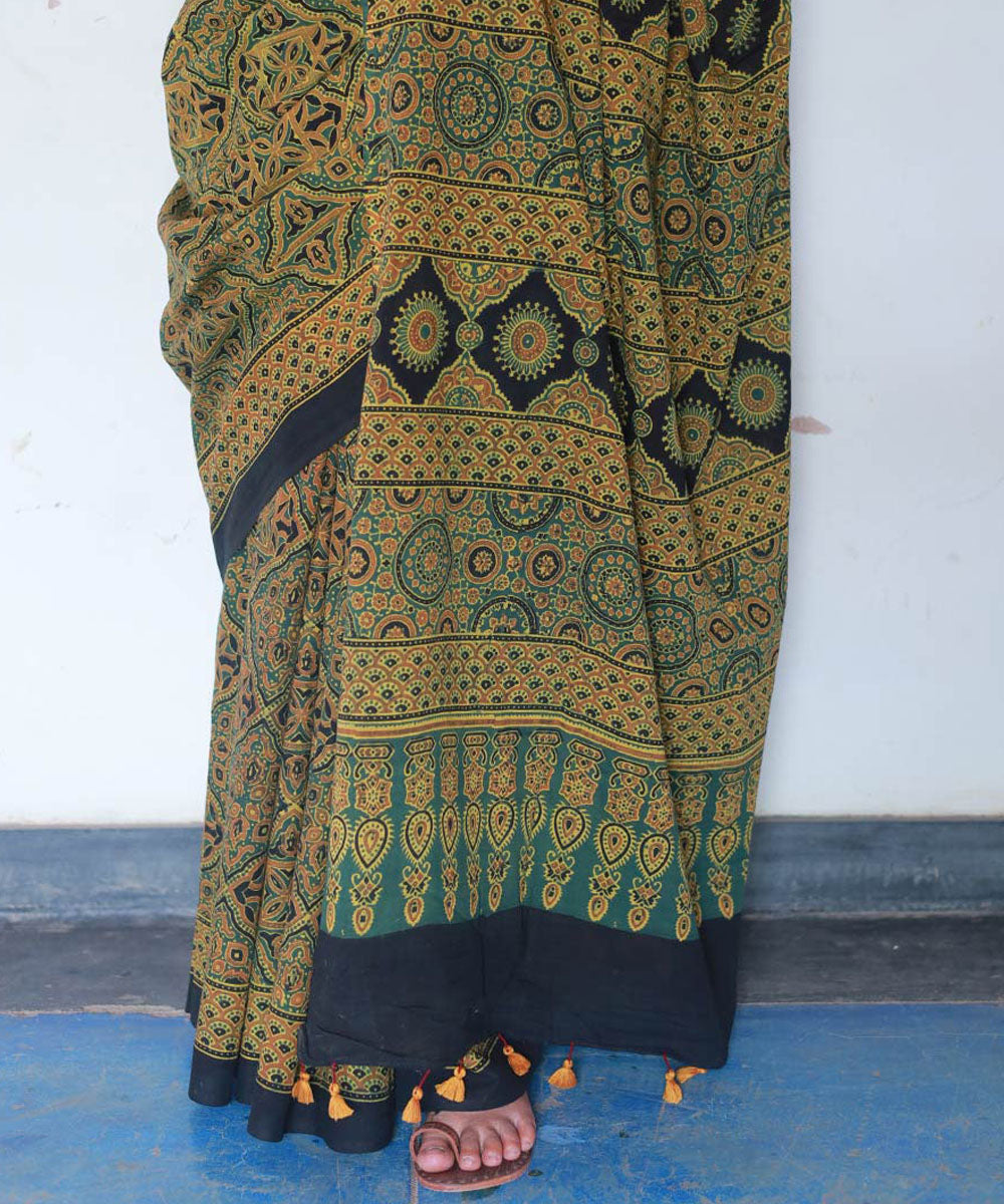Mustard green cotton block print ajrakh saree