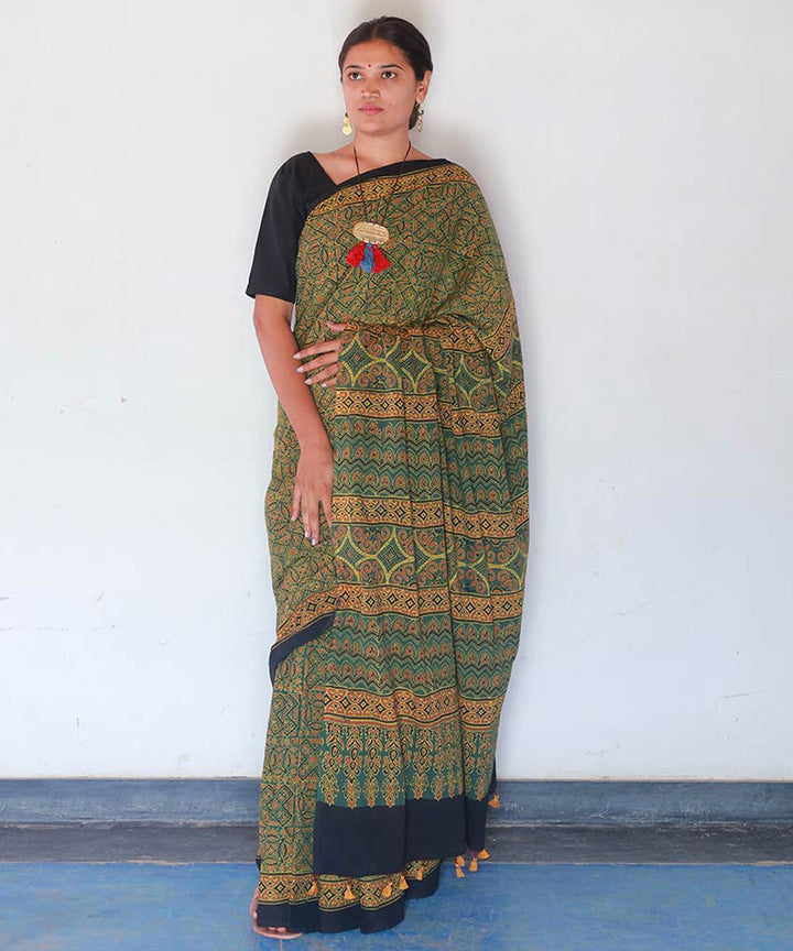 Mustard green cotton handblock printed ajrakh saree