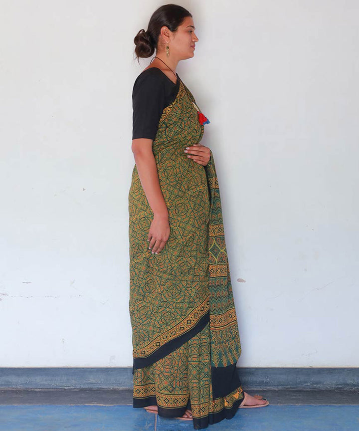 Mustard green cotton handblock printed ajrakh saree