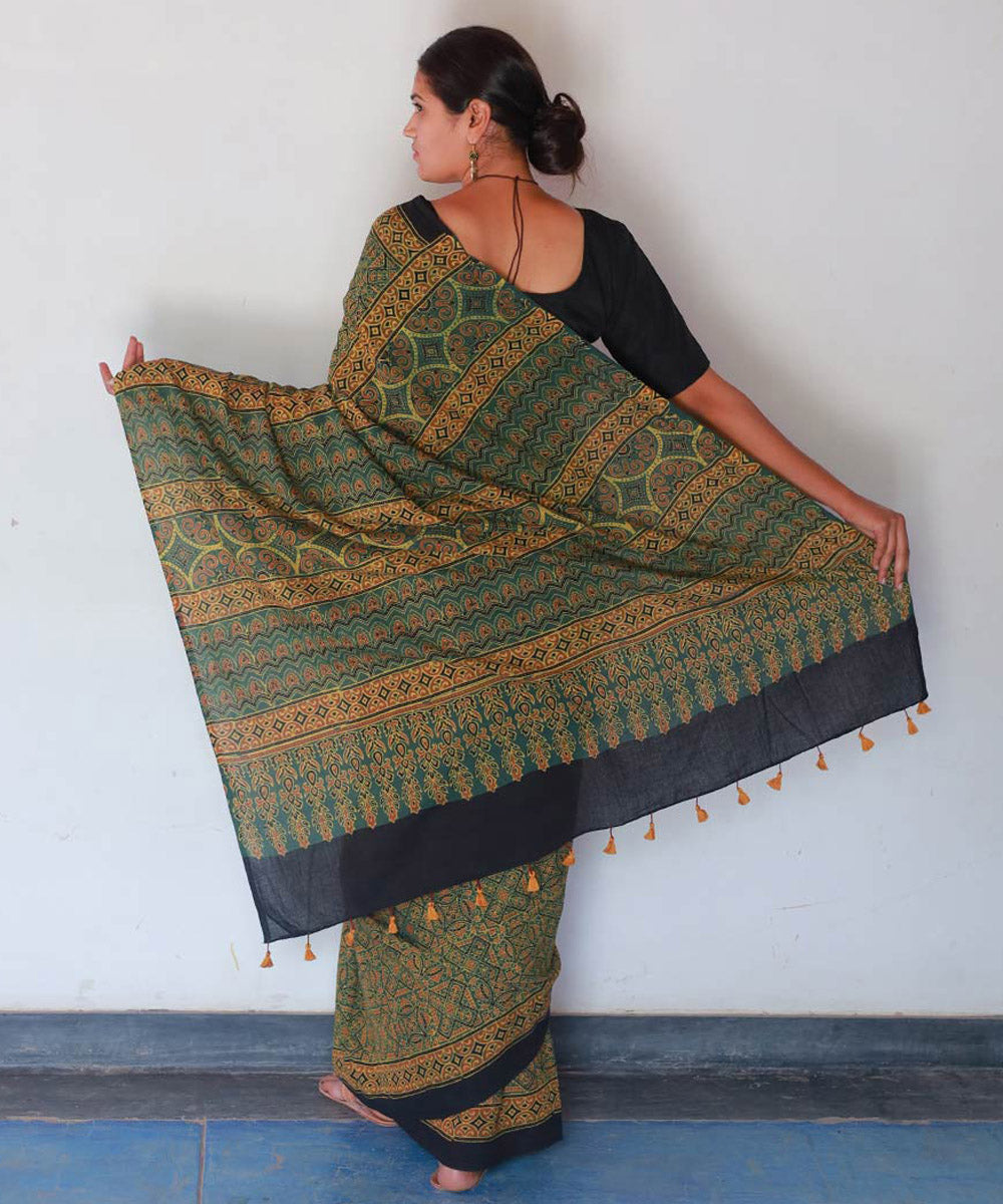 Mustard green cotton handblock printed ajrakh saree