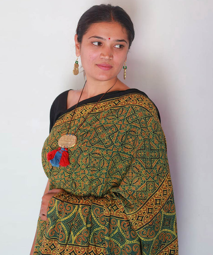 Mustard green cotton handblock printed ajrakh saree