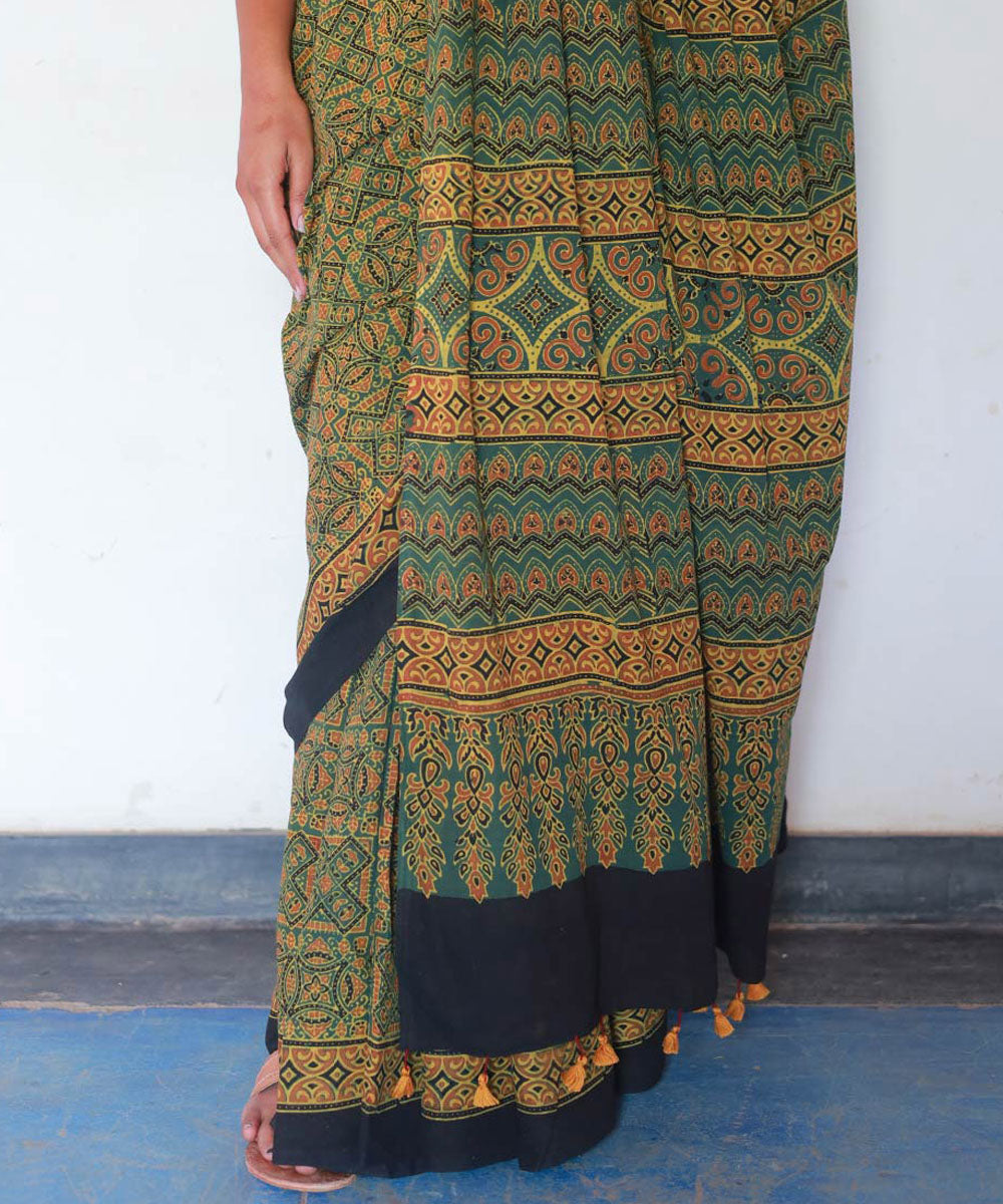 Mustard green cotton handblock printed ajrakh saree