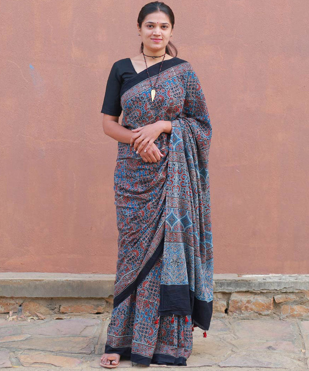 Indigo red cotton block printed ajrakh saree