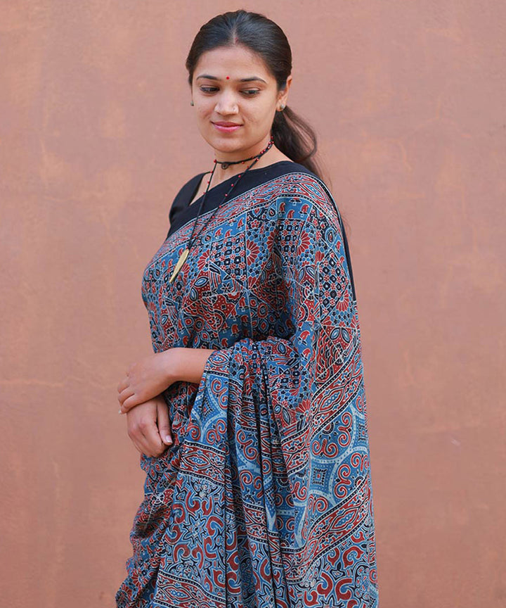 Indigo red cotton block printed ajrakh saree