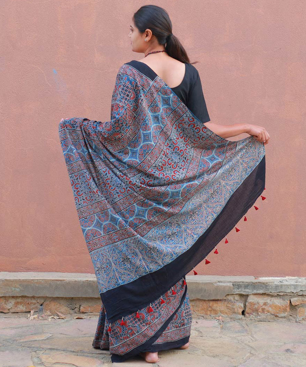 Indigo red cotton block printed ajrakh saree